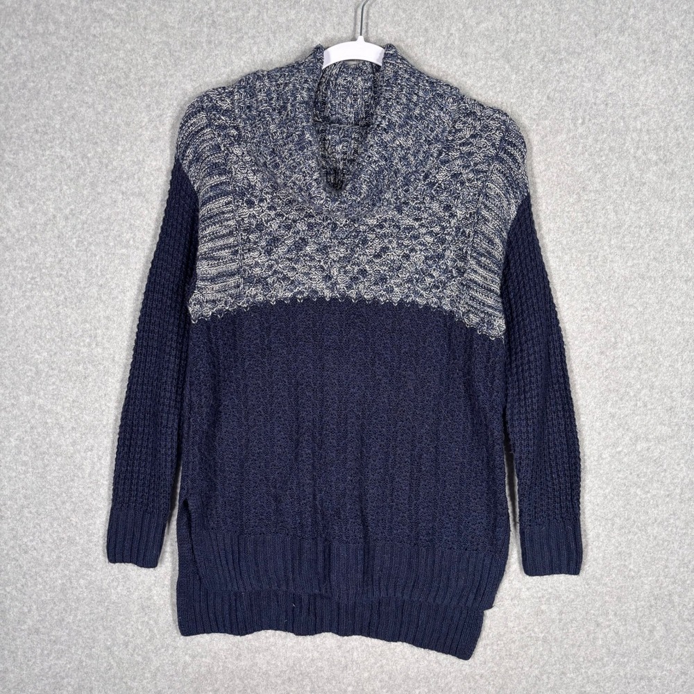 Christopher Banks Tunic Sweater Small Navy‎ Cowl Neck Waffle Cable Chunky Marled